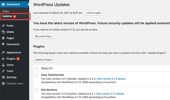 WordPress管理区域中的更新页面