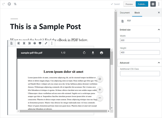 PDF嵌入在WordPress Post Editor中