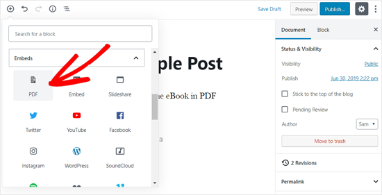 在WordPress Post Editor中选择PDF嵌入块