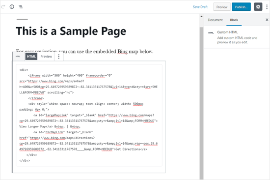 Bing Map嵌入代码在WordPress编辑器中添加