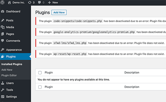 WordPress plugins deactivated