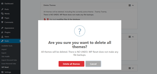 WP Reset将在允许您删除所有主题之前显示警告