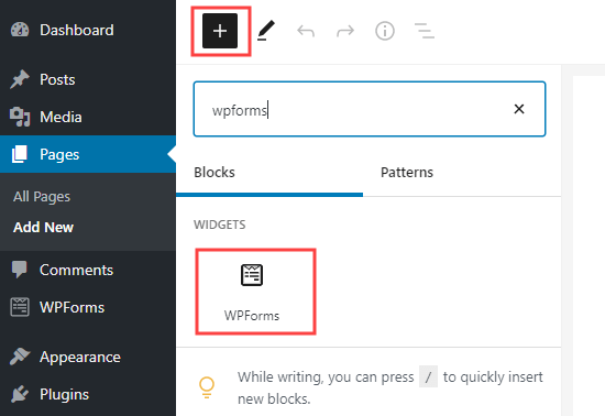 在您的WordPress页面中添加WPForms块