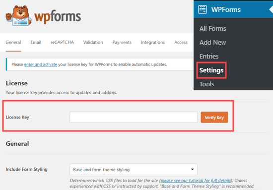 输入WPForms的许可证密钥