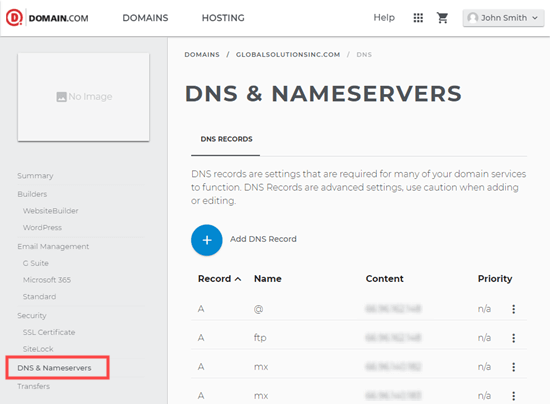 Domain.com中的DNS管理