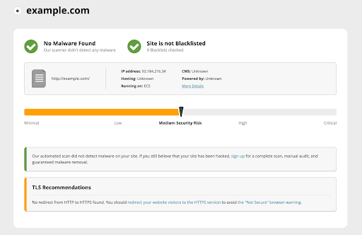 sucuri site scanning results page