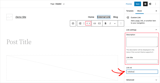 在 Link Rel 字段中键入 nofollow