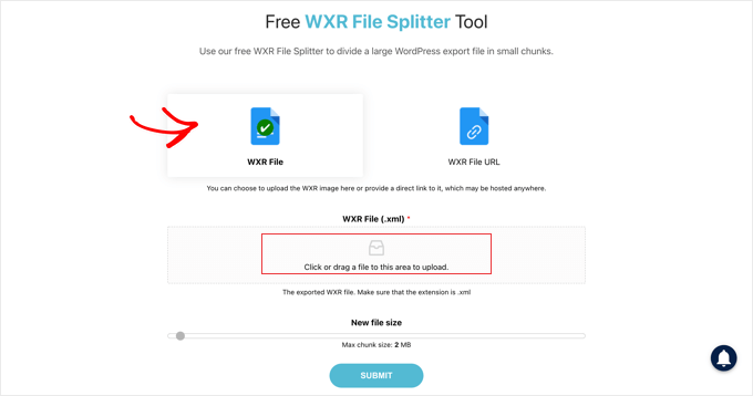 将 XML 文件上传到免费的 WXR 文件拆分器工具