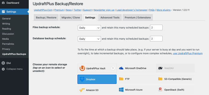 UpdraftPlus 备份设置