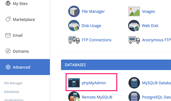 cPanel 中的 phpMyAdmin