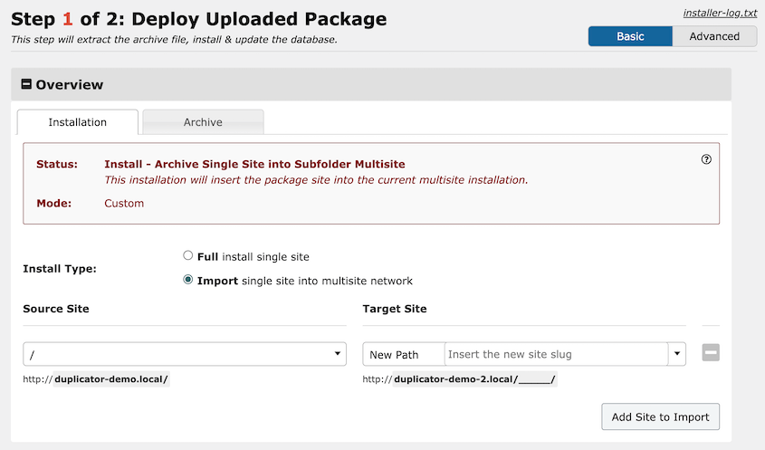 Duplicator import single site into Multisite network