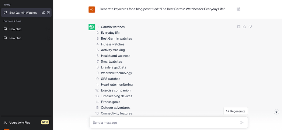 How to use ChatGPT for blogging by asking it to generate keywords.