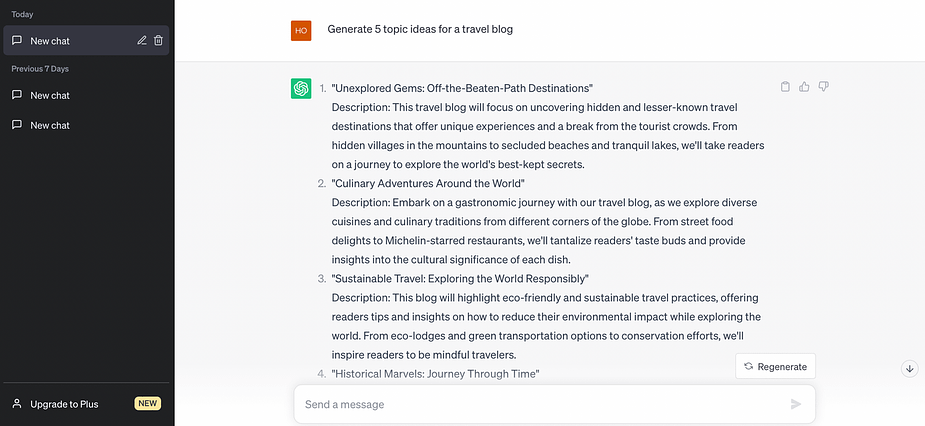 How to use ChatGPT for blogging by asking it to generate topic ideas for articles.