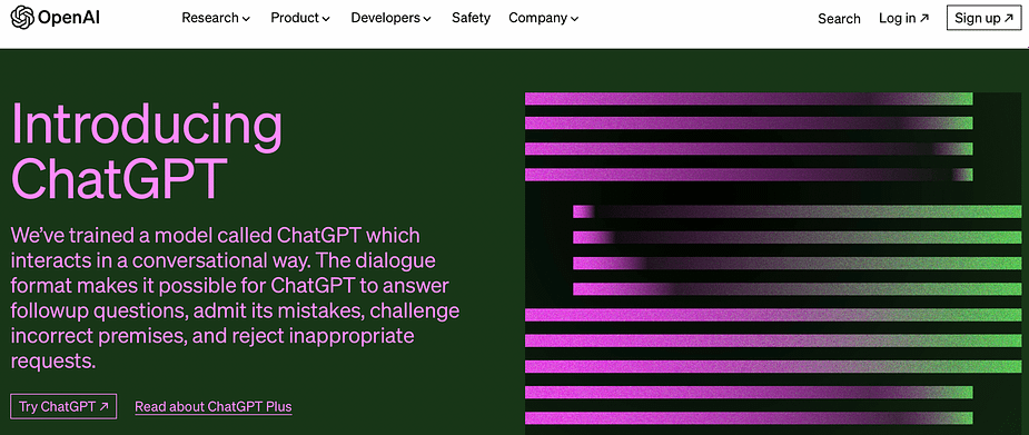 The ChatGPT landing page on OpenAI's website.