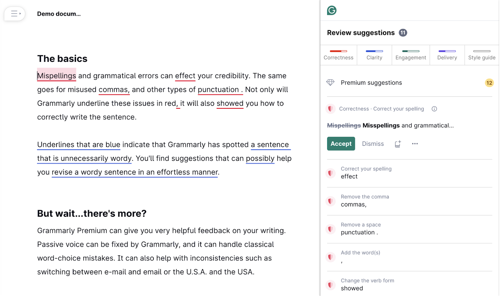 Grammarly演示文档显示带有语法建议的文本。